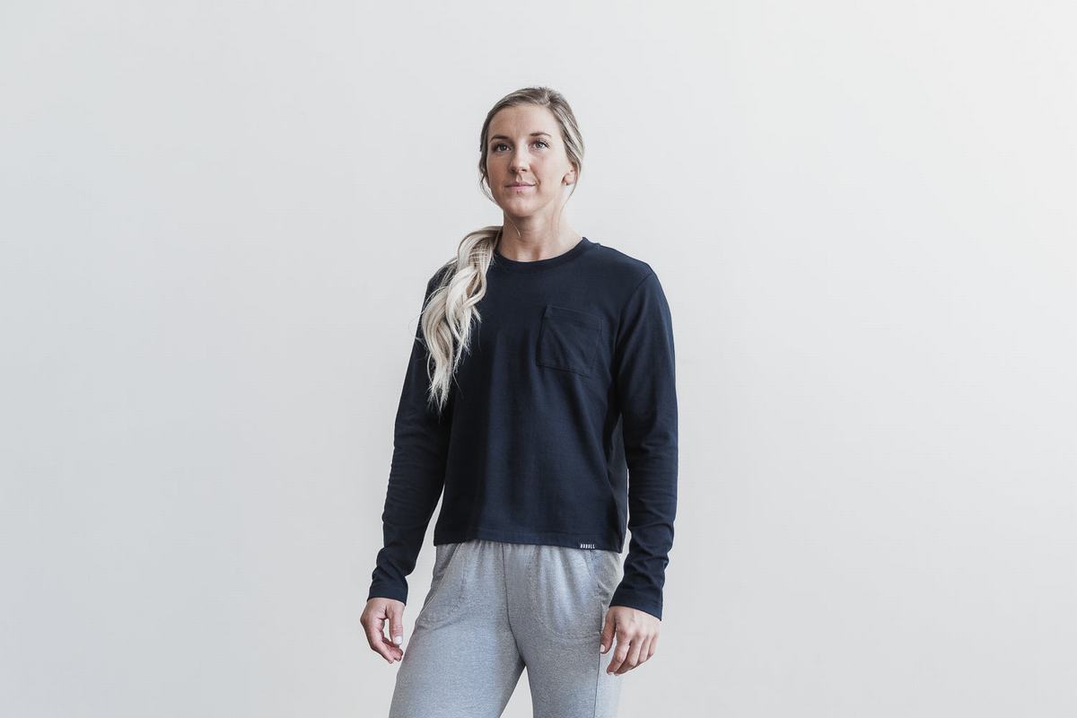 Nobull Heavyweight Pocket Boxy Långärmad T-Shirt Dam Marinblå | RS6029345